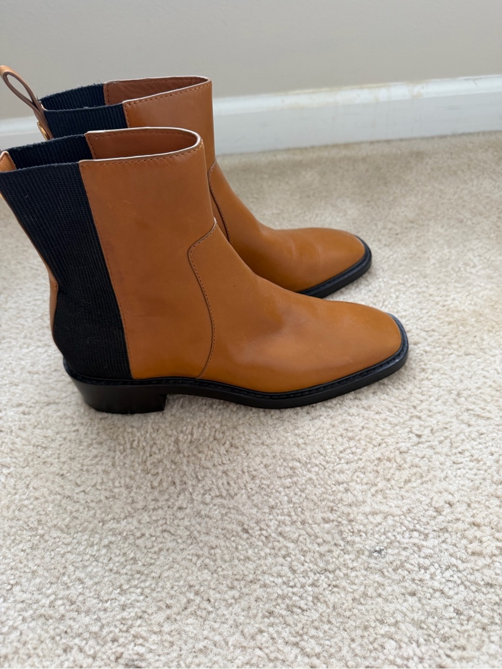 Tory Burch Cognac Chelsea Ankle Boots with Black Elastic